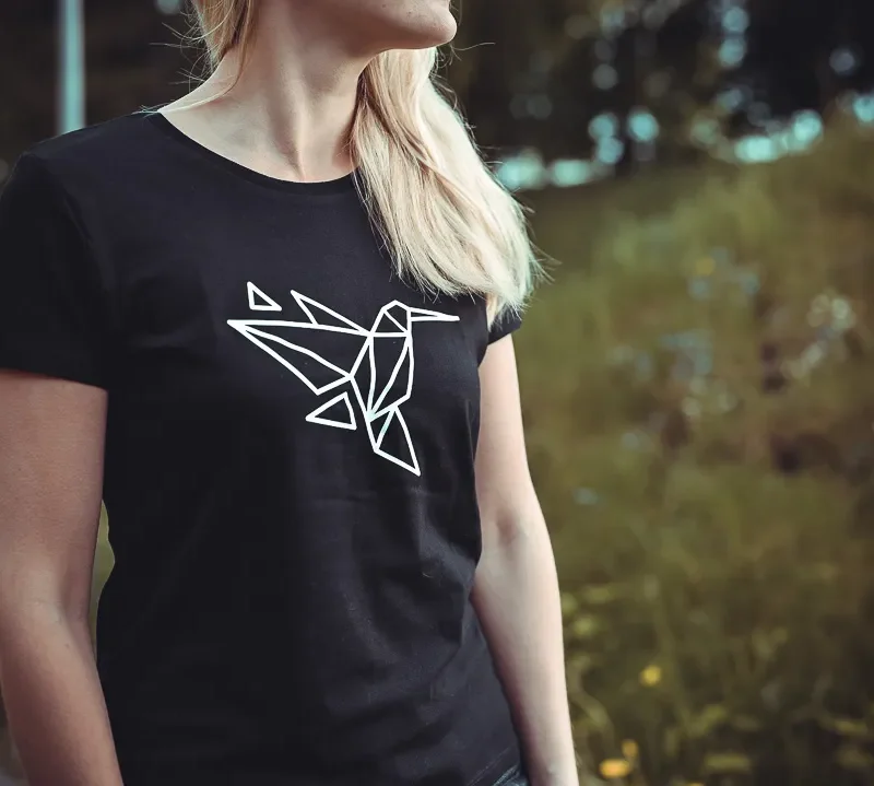 Naiste T-särk koolibri origami tshirt blacksunset eesti disain-1_1_1