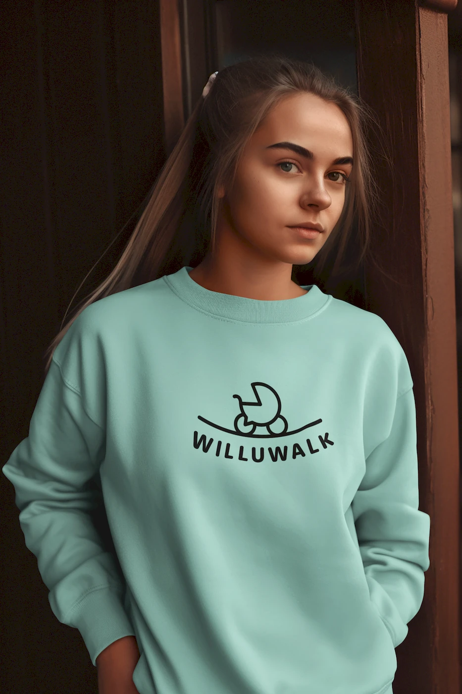 Naine kannab helesinist pusa, millel on Willuwalk logo. Pusa on valmistatud eritellimusel brändile Willuwalk (1)_1