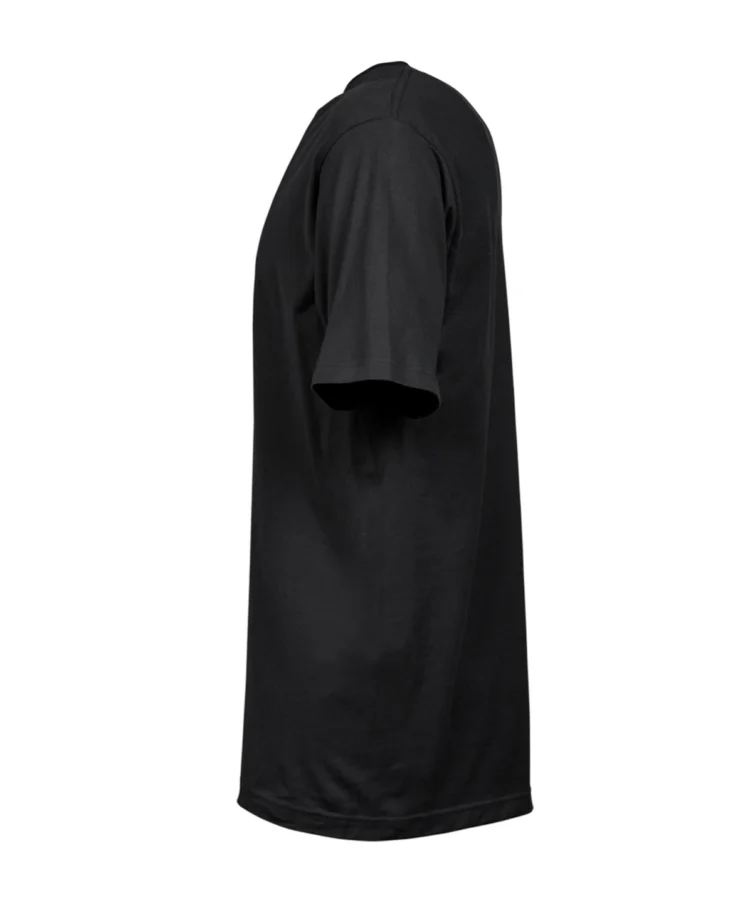 Must unisex T-särk, vasak külgvaade; lühikesed varrukad ja sirge lõige, tootekujutis.