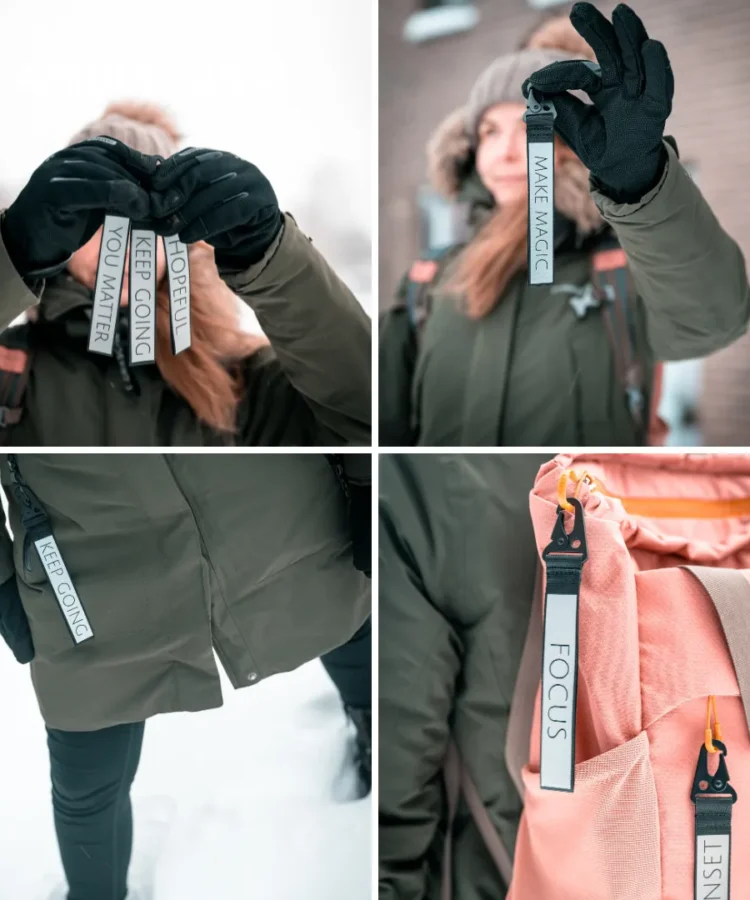 Nelja pildi kollaaž: käes “HOPEFUL”, “KEEP GOING”, “YOU MATTER”; lähivaade “MAKE MAGIC”; jopel rippuv “KEEP GOING”; roosal seljakotil “FOCUS”.