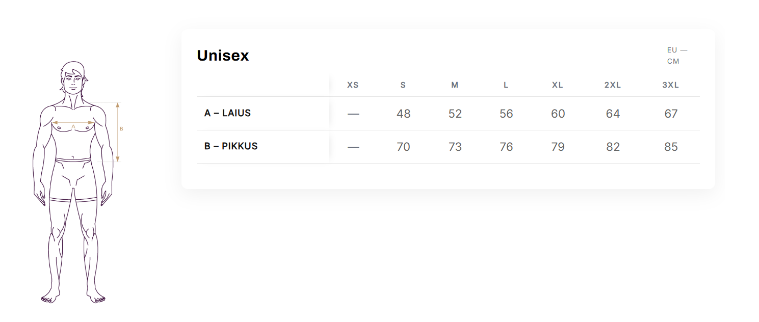 Unisex T-särgi suurustetabel – A=laius, B=pikkus; XS–3XL; sobiva istuvuse leidmiseks Blacksunset tootelehel.