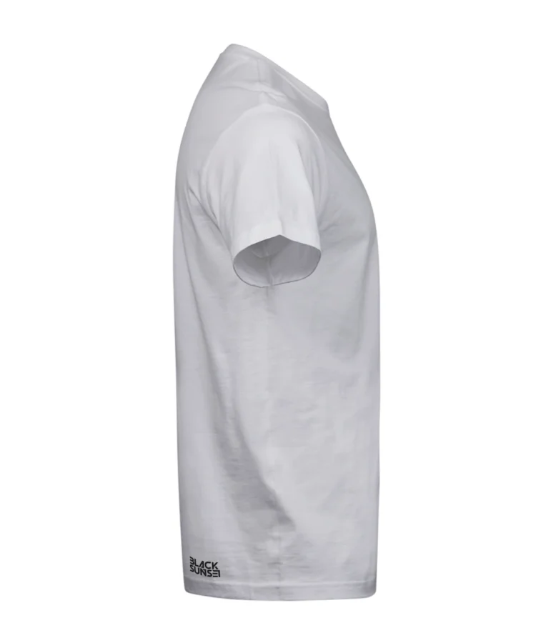 Valge unisex T-särk, parem külgvaade; lühikesed varrukad ja sirge lõige, tootekujutis.