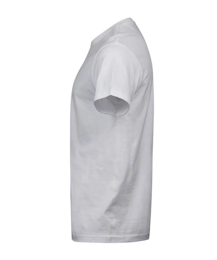 Valge unisex T-särk, vasak külgvaade; lühikesed varrukad ja sirge lõige, tootekujutis.