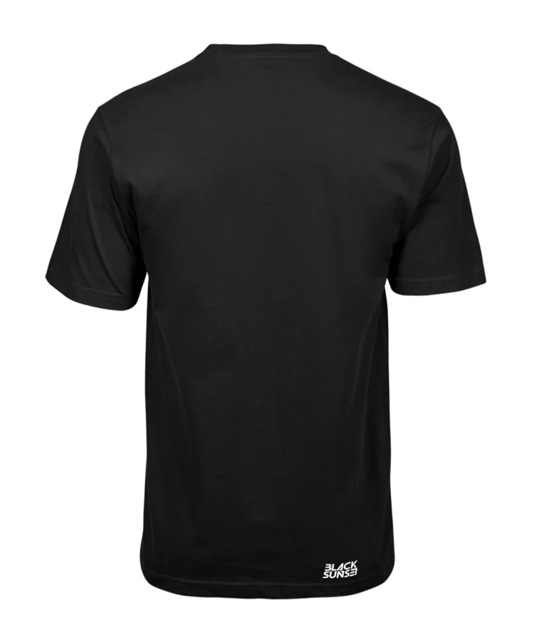 Must unisex T-särk, tagantvaade; ümar kaelus, lühikesed varrukad, tootekujutis.