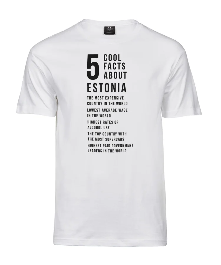 Valge unisex Blacksunset “5 Cool Facts About Estonia” T-särk; puhas tootefoto, selge trükitekst.