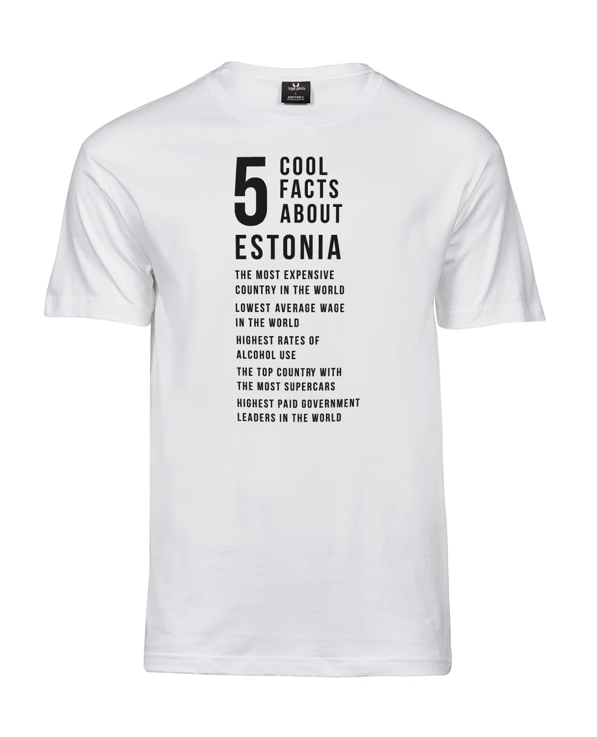Valge unisex Blacksunset “5 Cool Facts About Estonia” T-särk; puhas tootefoto, selge trükitekst.