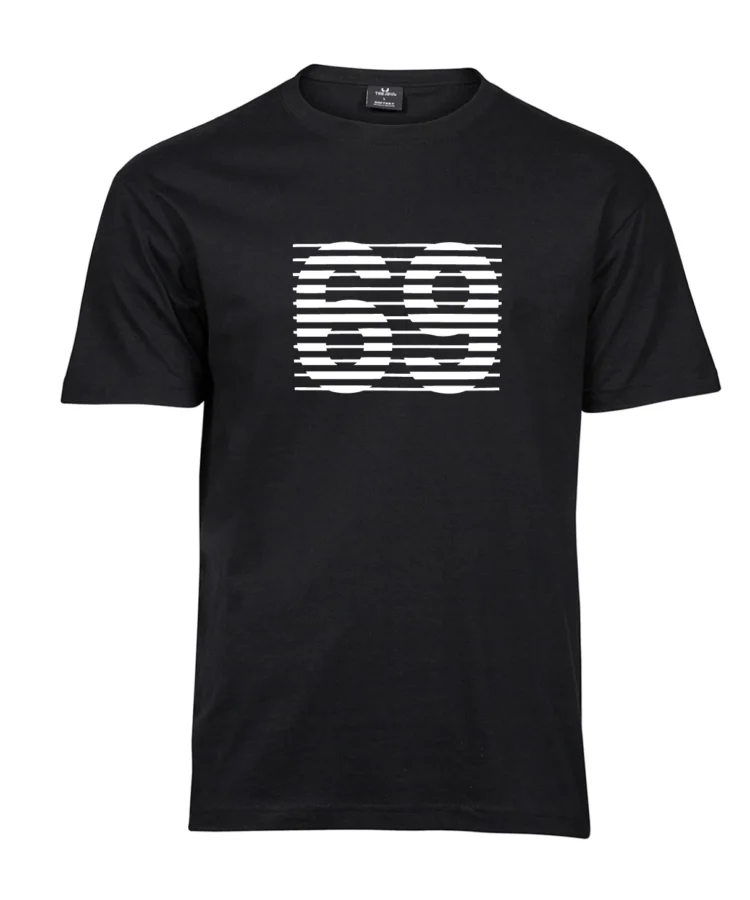 Must unisex t-särk „69“ — valged horisontaalsed triibud moodustavad numbri, minimalistlik keskne print, Blacksunset.