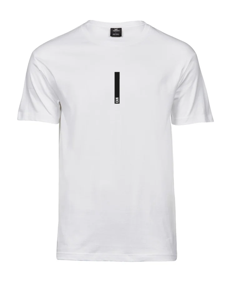 Valge unisex Blacksunset “I CAN” T-särk – vertikaalne must riba ja väike tekst “CAN”.