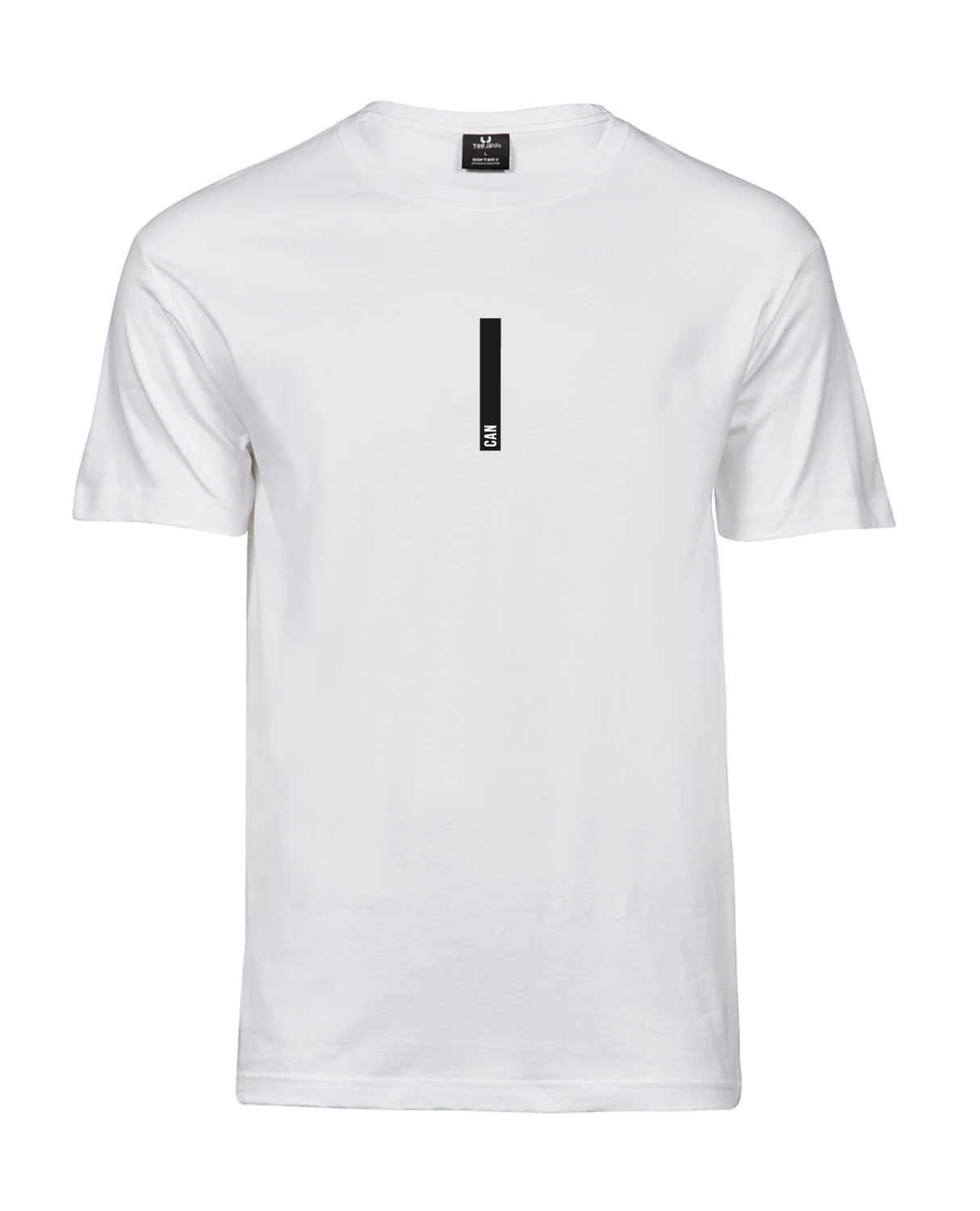 Valge unisex Blacksunset “I CAN” T-särk – vertikaalne must riba ja väike tekst “CAN”.