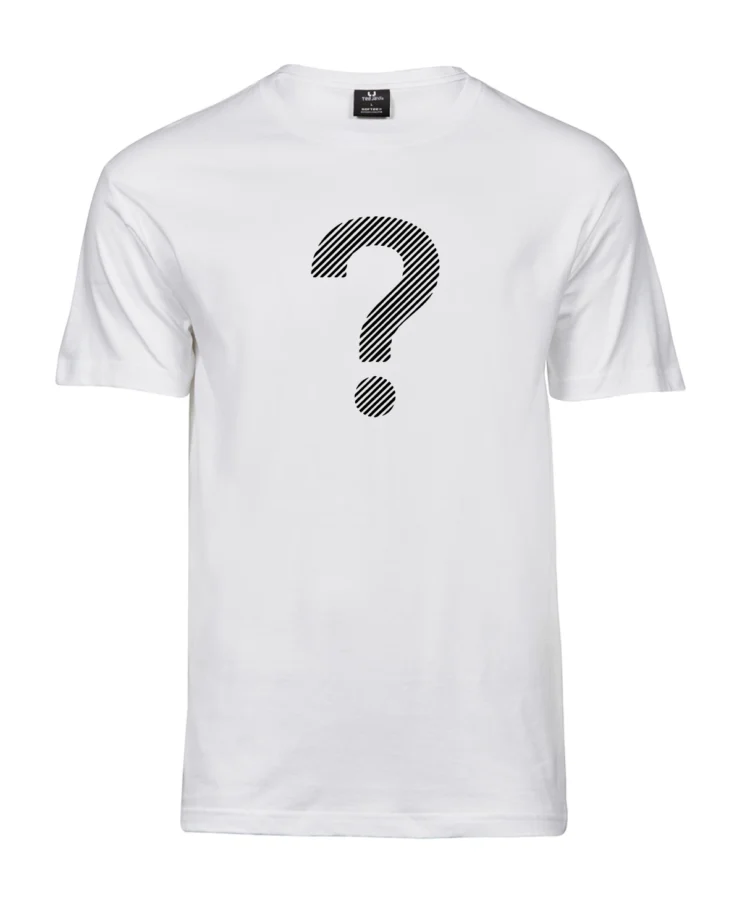 Valge unisex Blacksunset T-särk suure küsimärgiga – puhas graafika. Failinimi: blacksunset-unisex-kusimark-t-sark-valge