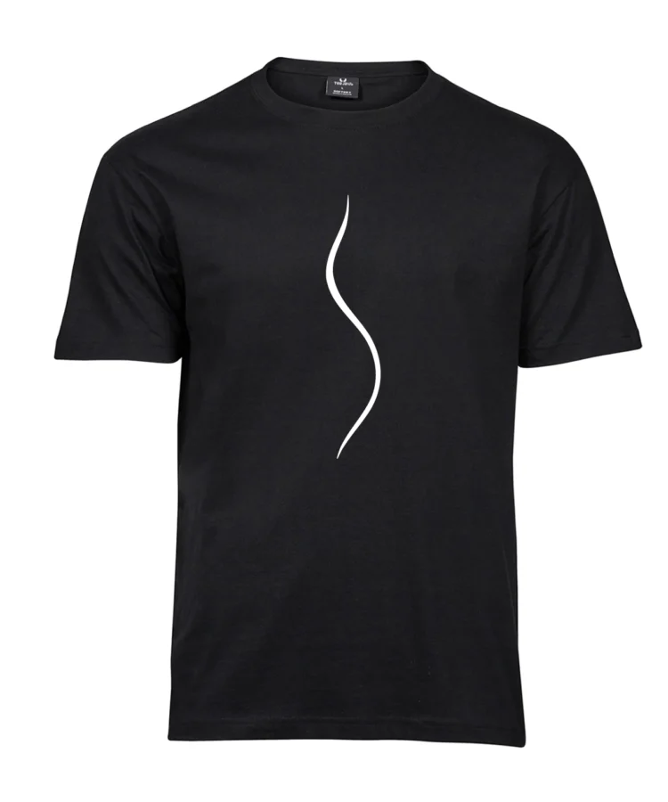 Must unisex t-särk “One Wave” – rinnal valge peen lainemotiiv, minimalistlik disain ja selge tänavastiil.