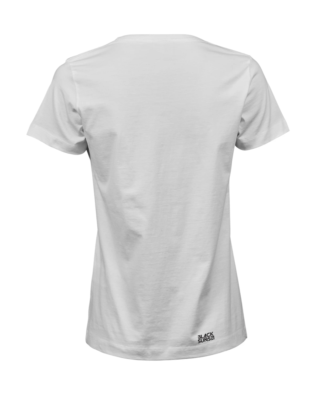 Naiste valge T-särk – tagantvaade, väike Blacksunset logo alläärel.