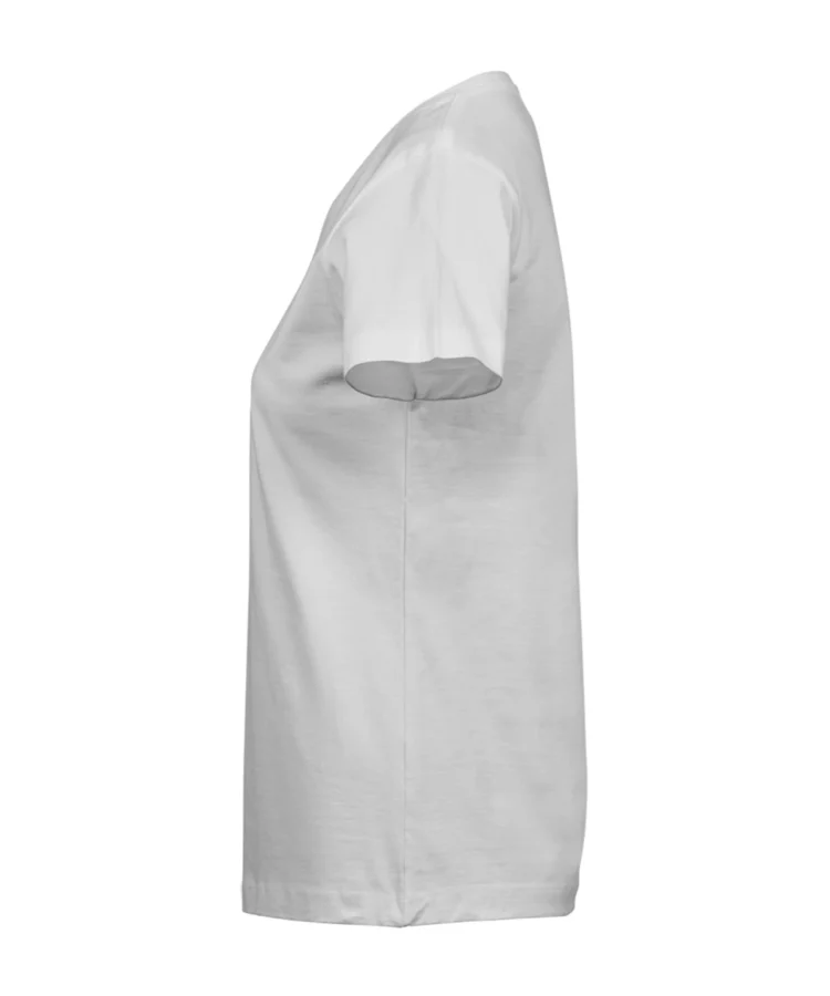 Naiste valge T-särk – külgvaade vasakult, klassikaline lõige.