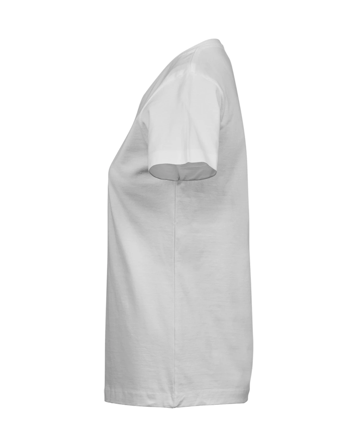 Naiste valge T-särk – külgvaade vasakult, klassikaline lõige.