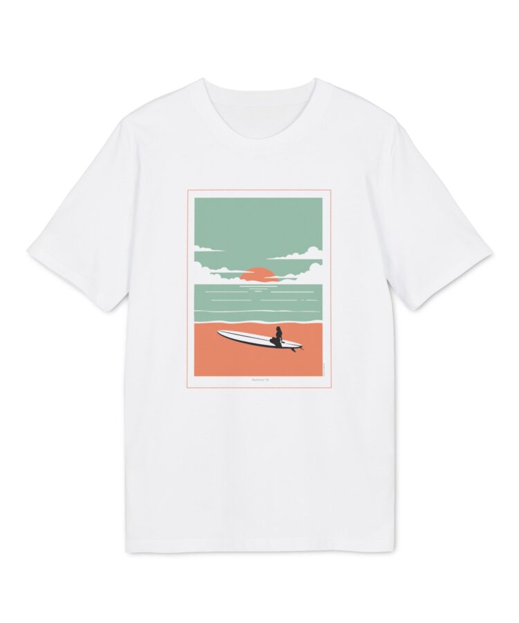 Blacksunset ‘Summer ’72’ unisex T-särk - retro surfiplakati stiilis päikeseloojang ja longboard rannal, valge t-särk