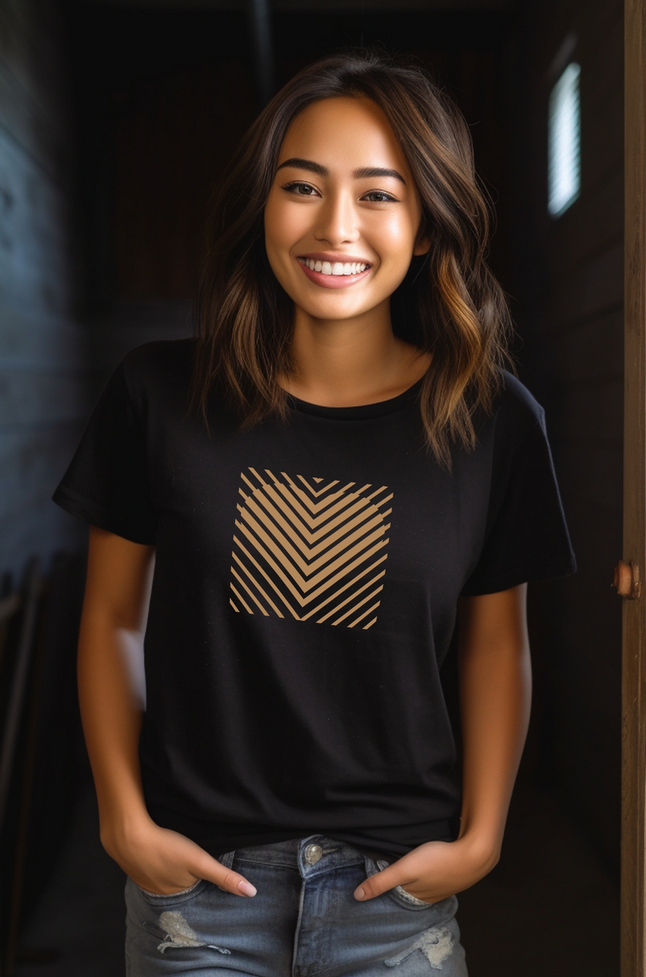 Blacksunset unisex must T-särk „HEART STRIPE” — kuldne triibuline südamerütm ruudus; naismudel ¾ eesvaade, indoor, käed taskus, soe valgus.