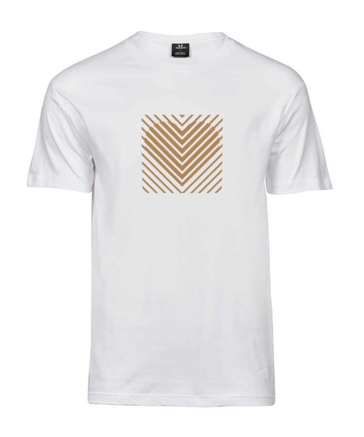 Blacksunset unisex valge T-särk „HEART STRIPE” — kuldtooni triipudest süda ruudus; packshot valgel taustal, regular fit, pehme puuvill.