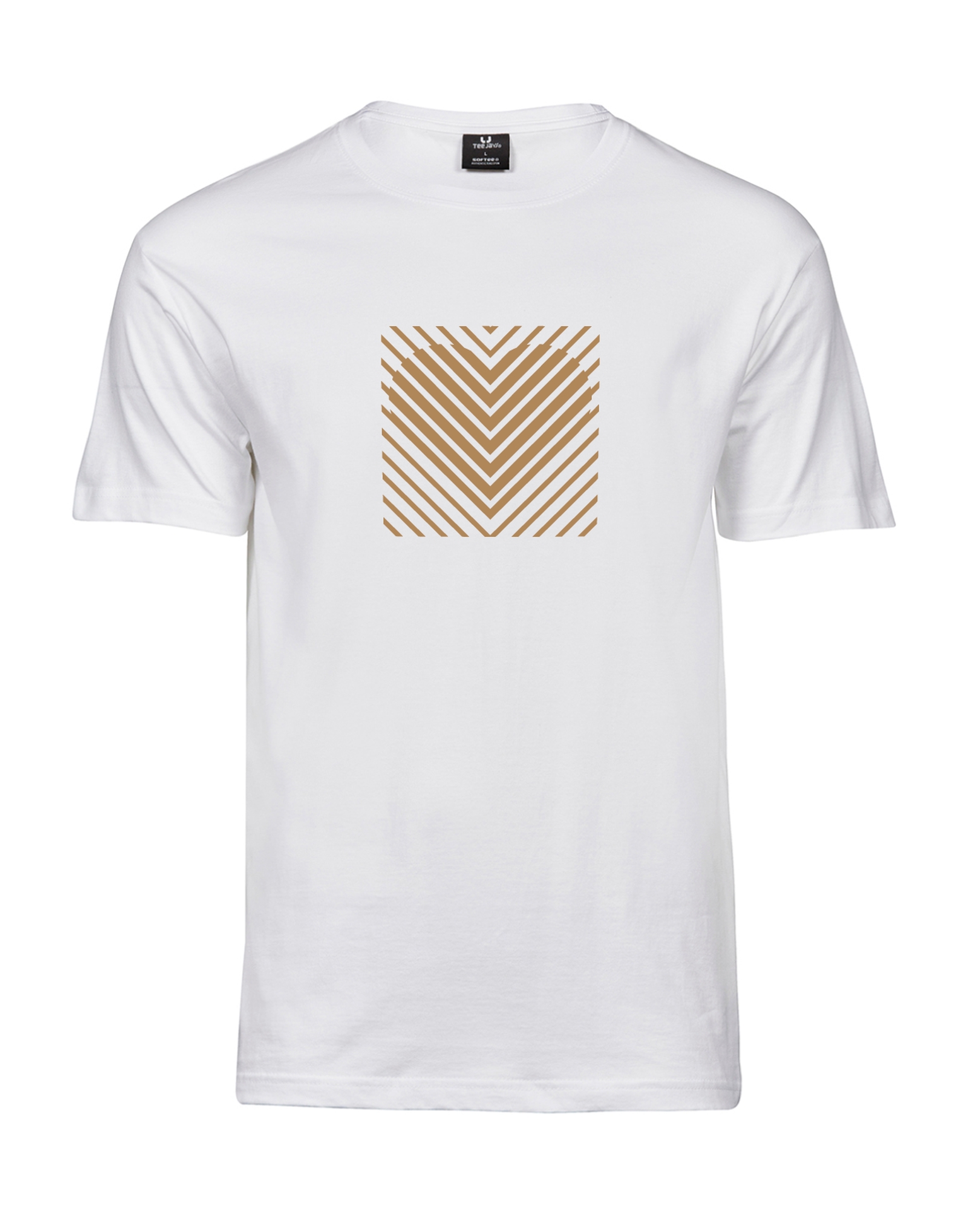 Blacksunset unisex valge T-särk „HEART STRIPE” — kuldtooni triipudest süda ruudus; packshot valgel taustal, regular fit, pehme puuvill.