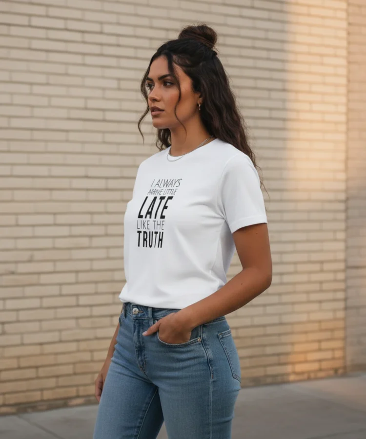 Blacksunset unisex valge T-särk „I ALWAYS ARRIVE LITTLE LATE LIKE THE TRUTH”; ¾ vaade, käsi taskus, hele tellissein ja linnatänav taustal.