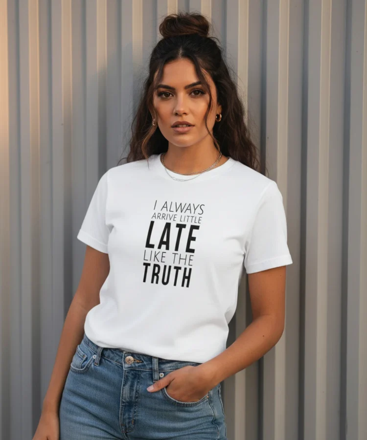 Blacksunset unisex valge T-särk „I ALWAYS ARRIVE LITTLE LATE LIKE THE TRUTH”; sirge eesvaade, hall vertikaalne metallsein taustal, minimalistlik look.