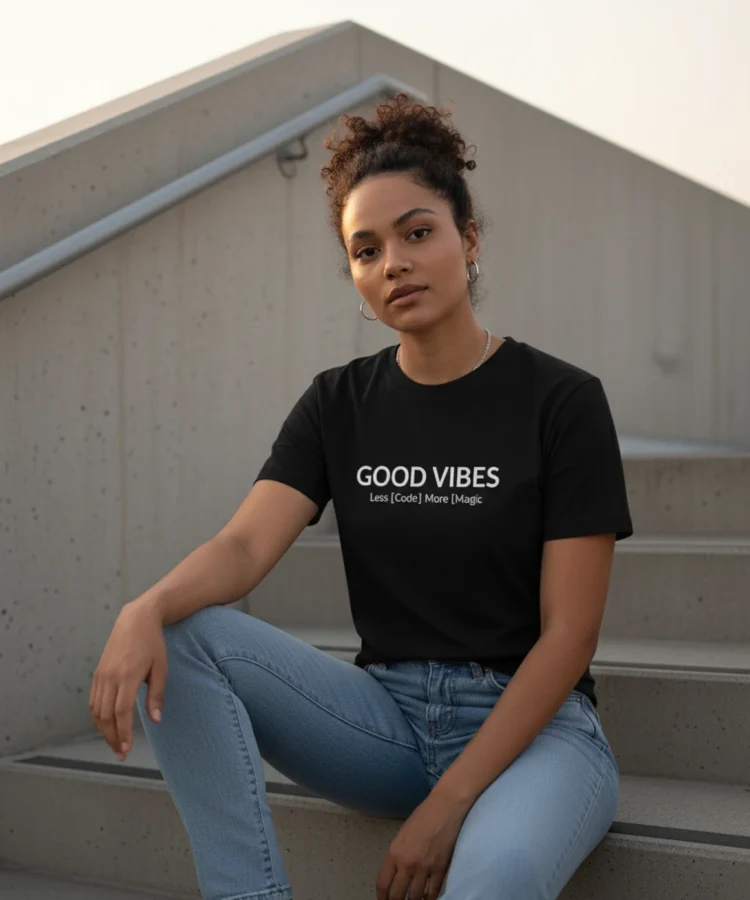 Blacksunset unisex must T-särk GOOD VIBES – Less [Code] More {Magic}; naismudel istub betoonastmetel, casual stiil, linnalik taust.