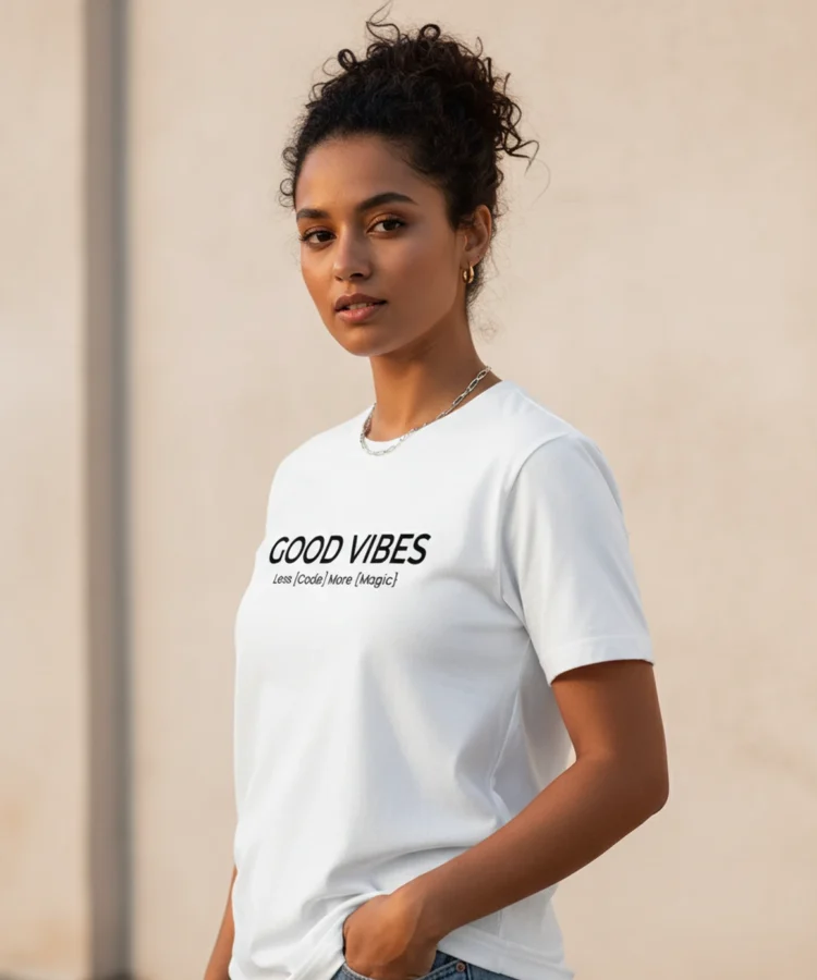Blacksunset unisex valge T-särk GOOD VIBES – Less [Code] More {Magic}; ¾ vaade, puhas lõige, käsi taskus, neutraalne beež sein.