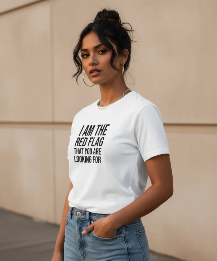Blacksunset unisex valge T-särk “I AM THE RED FLAG THAT YOU ARE LOOKING FOR”; ¾ vaade, must kiri, beež modern sein, käsi taskus.