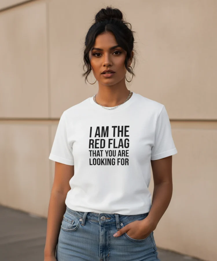 Blacksunset unisex valge T-särk “I AM THE RED FLAG THAT YOU ARE LOOKING FOR”; sirge eesvaade, must kiri, beež seintaust, puhas lõige.