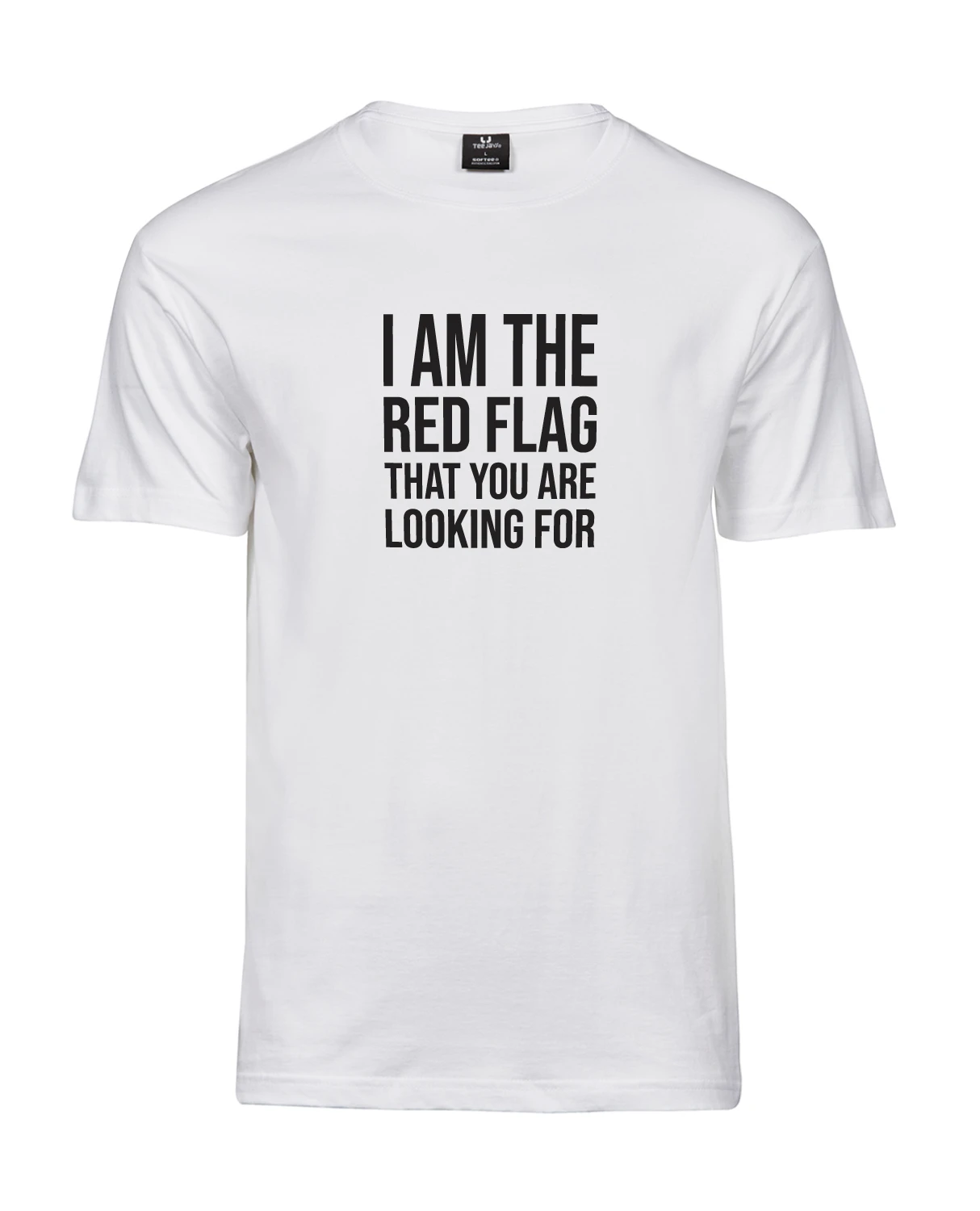 Blacksunset unisex valge T-särk “I AM THE RED FLAG THAT YOU ARE LOOKING FOR”; must tüpograafia; packshot valgel taustal, regular fit.