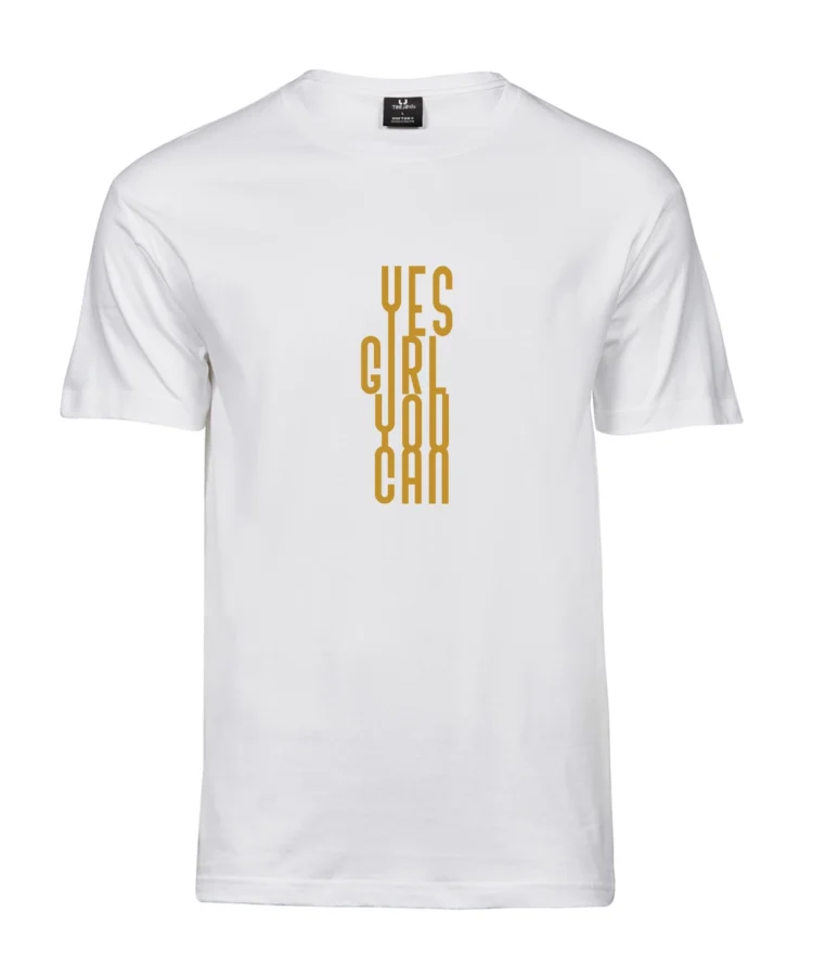 Valge Blacksunset unisex T-särk “YES GIRL YOU CAN” kuldse vertikaalse tekstiprindiga, tootevaade eest.