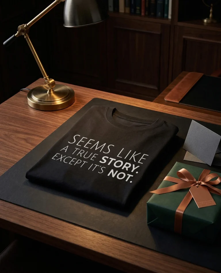 Seems Like A True Story. Except It's Not. T-shirt in a lifestyle setting (black)