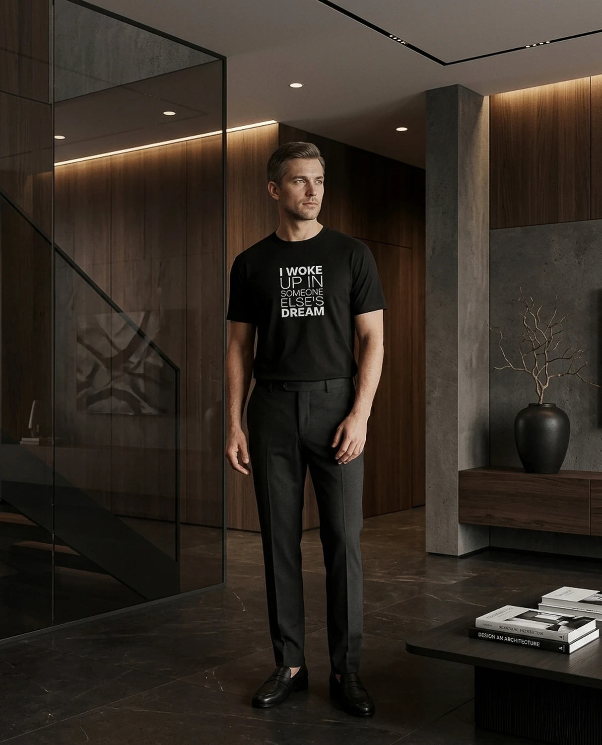 A man in a black I Woke Up In Someone Else's Dream T-shirt in a modern interior