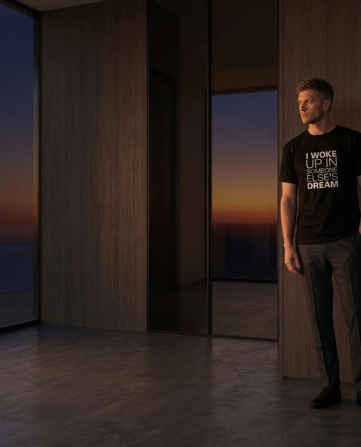 Black I Woke Up In Someone Else's Dream T-shirt in sunset tones interior