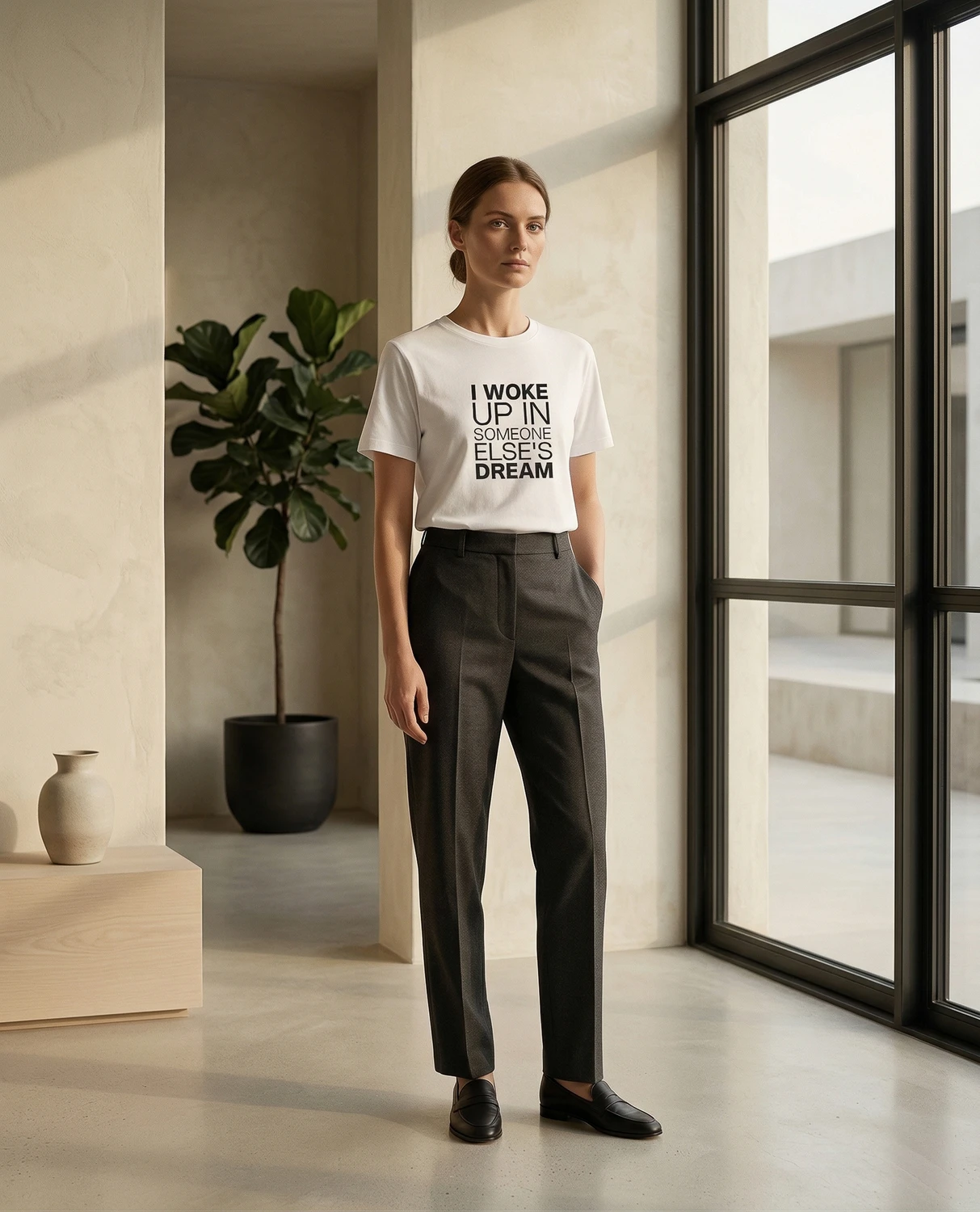 A woman wears a white I Woke Up In Someone Else's Dream T-shirt in a minimalist room