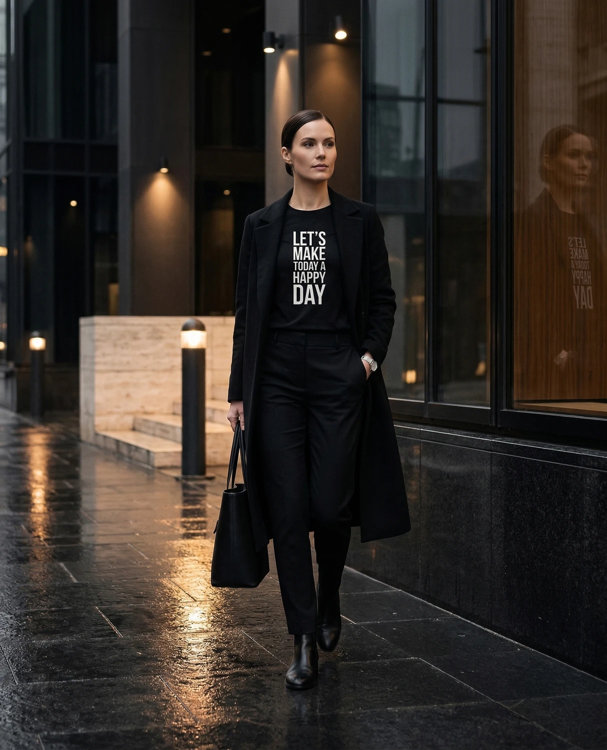 A woman in a black suit wears a Let's Make Today a Happy Day T-shirt on a city street