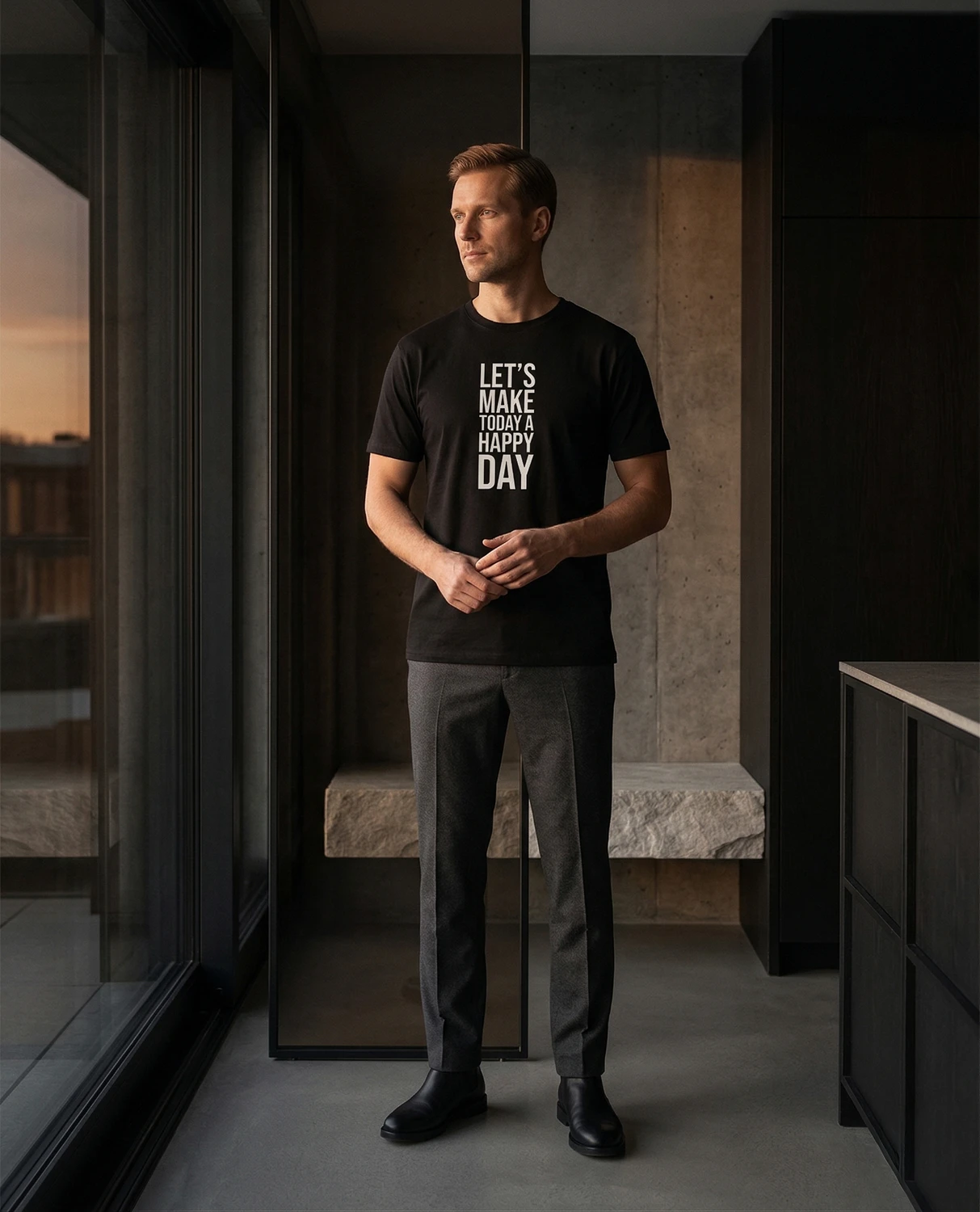 Black Let's Make Today a Happy Day T-shirt in smart-casual style