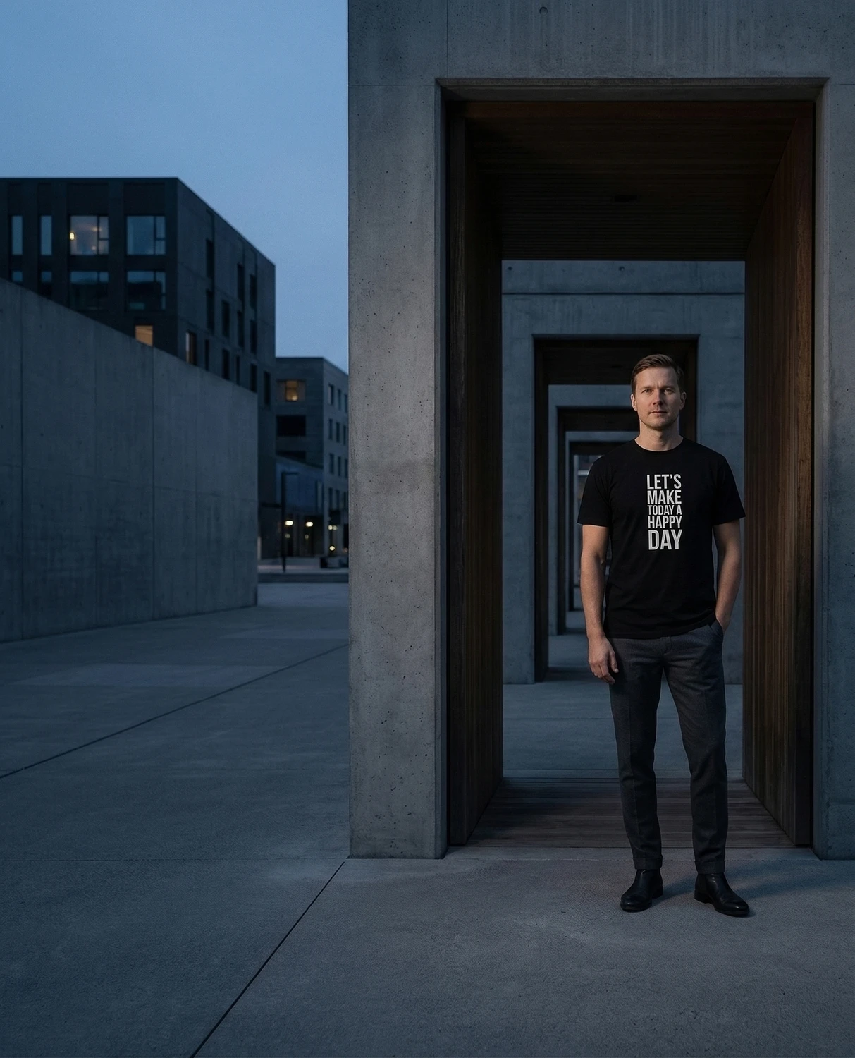 Let's Make Today a Happy Day black T-shirt in an urban architecture background