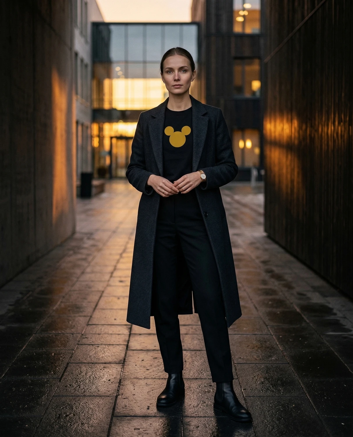 The woman wears a black Mõmmi or something T-shirt in an urban smart-casual style