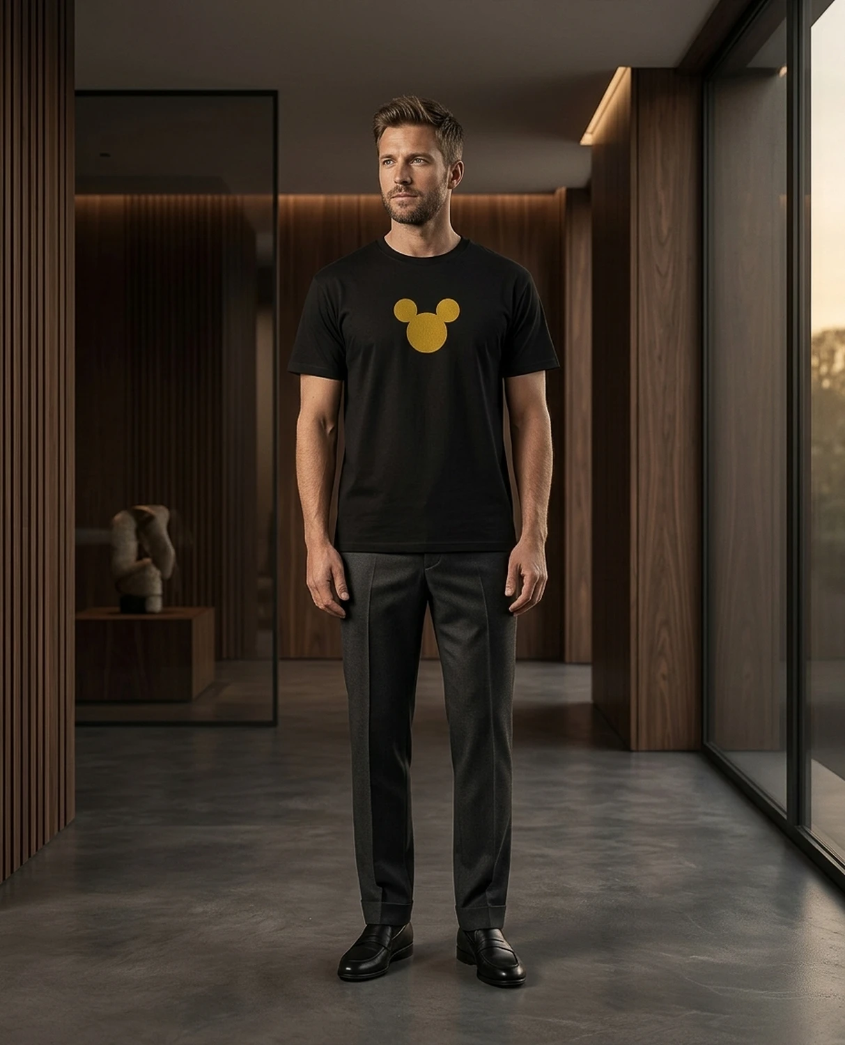 The man wears a black Mõmmi or something T-shirt in a smart-casual outfit