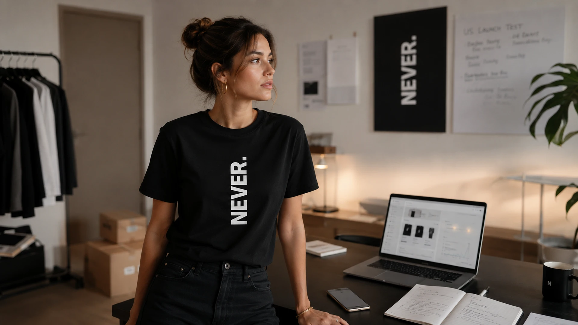 Naine musta Never T-särgiga Blacksunseti tööruumis