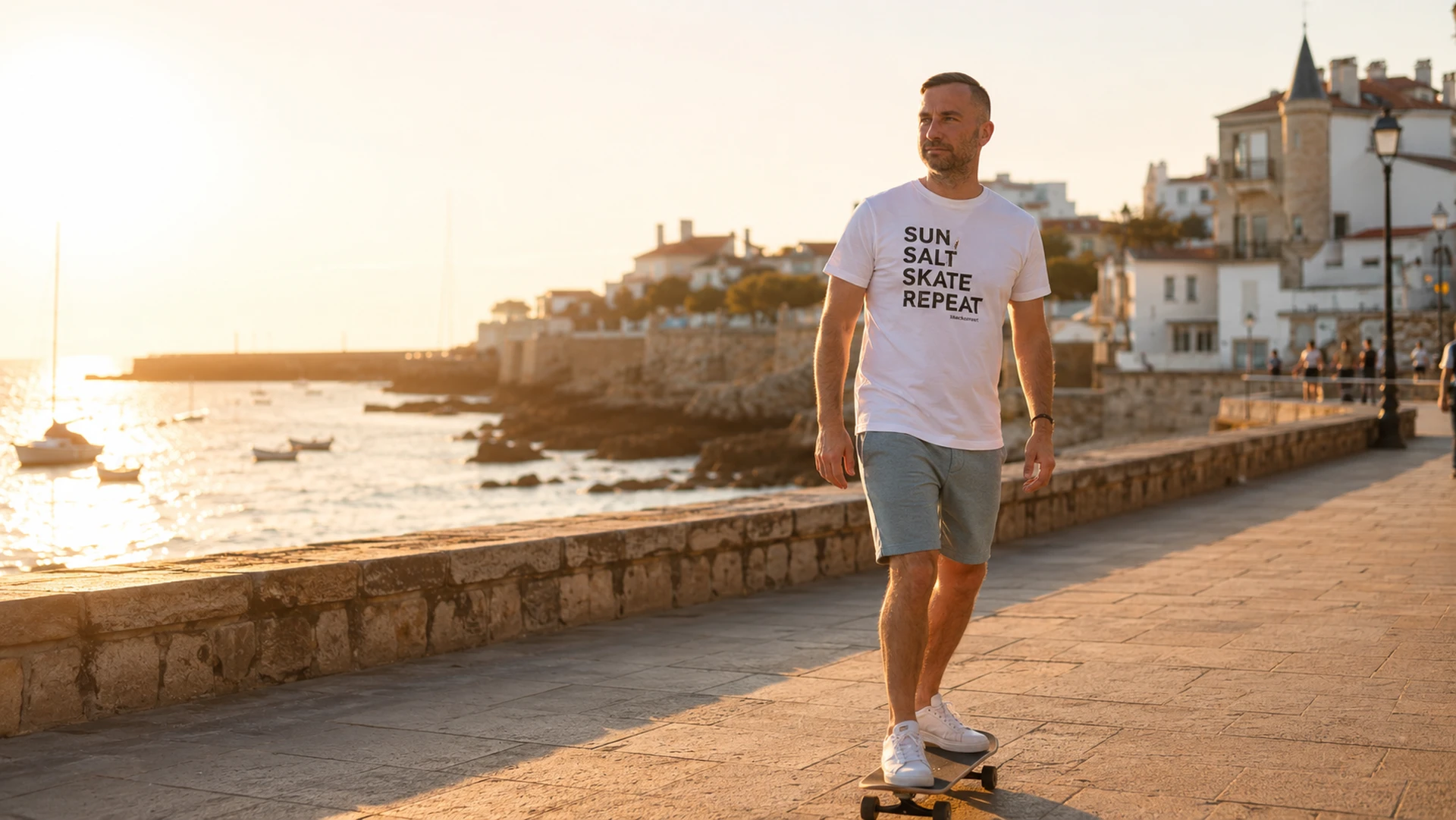 Mees valge Blacksunseti T-särgiga Porto rannapromenaadil rulaga