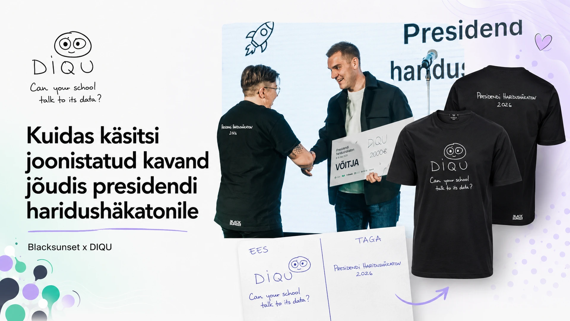 Blacksunset x DIQU visuaal käsitsi joonistatud kavandi teekonnast presidendi haridushäkatonile