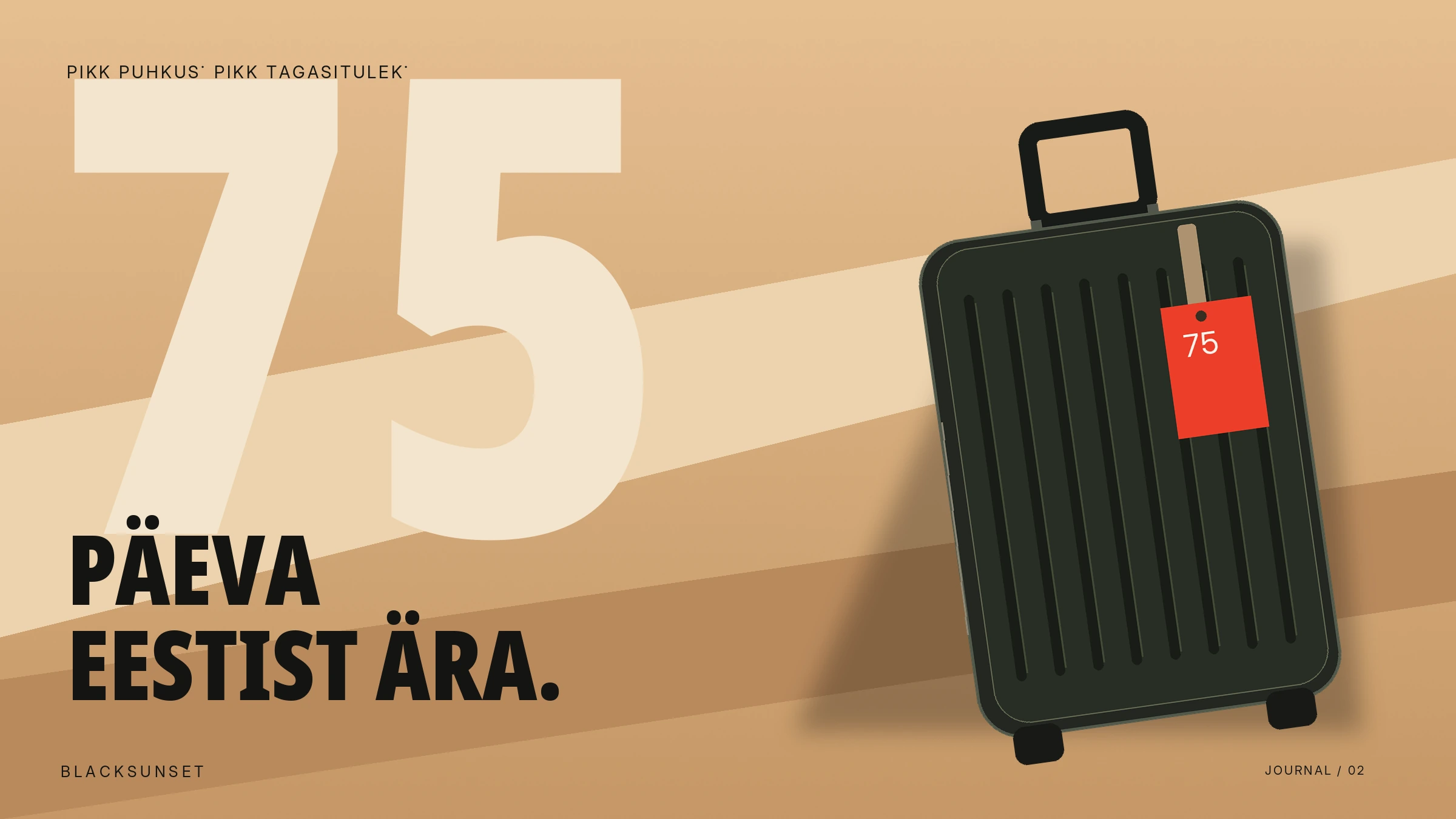 Reisikohvri illustratsioon ja tekst „75 päeva Eestist ära”.