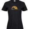 Black women's T-shirt with a gold resting hedgehog design, front view.