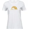 White women's T-shirt with a gold resting hedgehog design, front view.