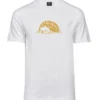 White unisex T-shirt with a gold resting hedgehog design, front view.