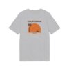 Hallmelanž (Heather Grey) T-särk eestvaates, California kujunduse, oranži päikese, palmi ja surfilauda kandva inimesega.