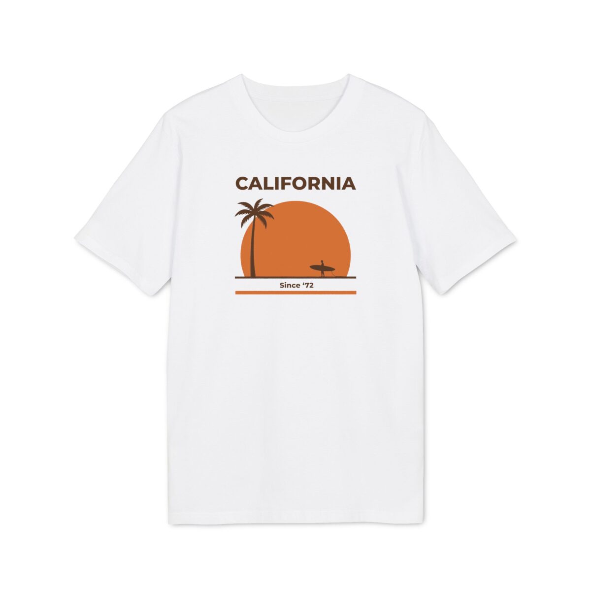 Valge T-särk eestvaates, California kujunduse, oranži päikese, palmi ja surfilauda kandva inimesega.