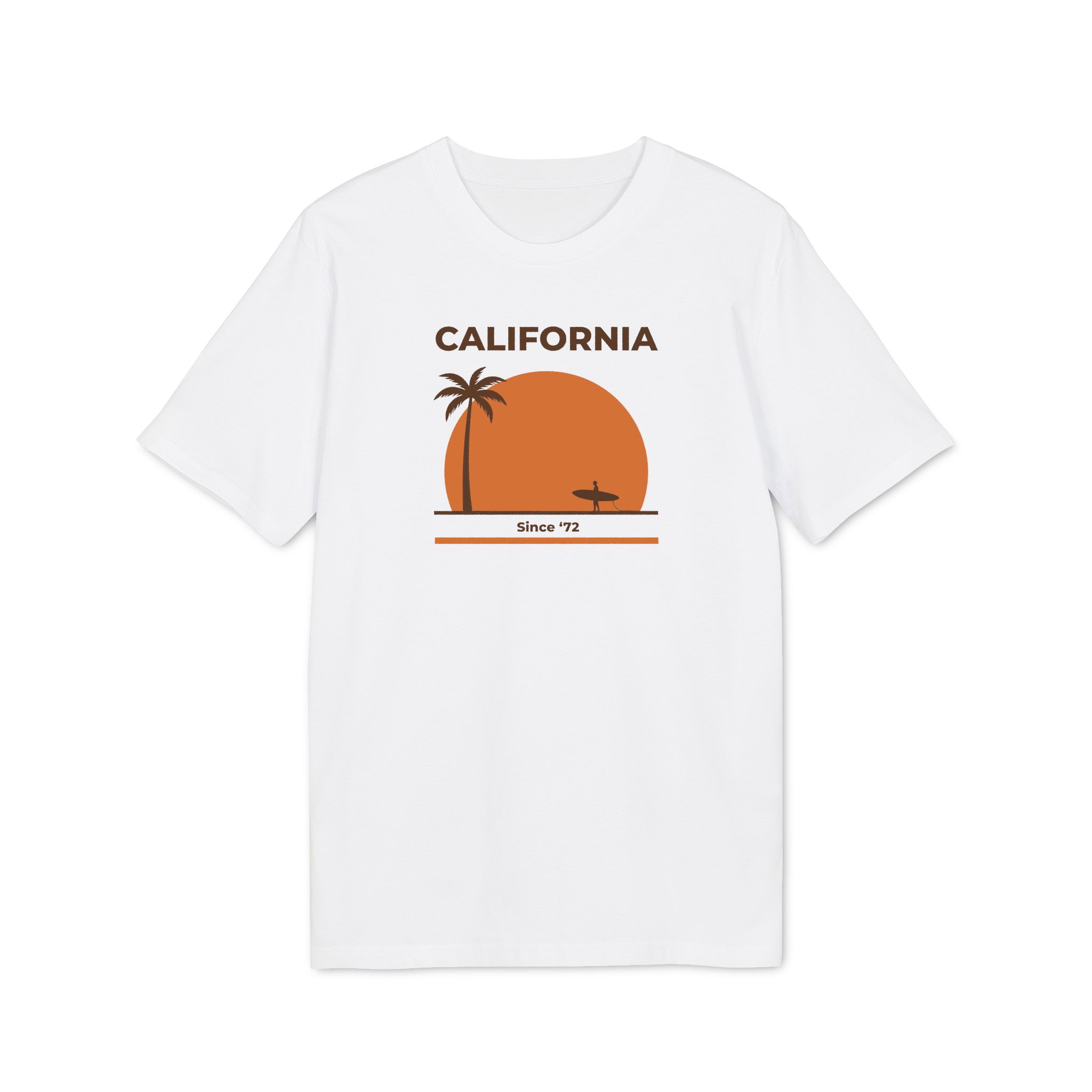 Valge T-särk eestvaates, California kujunduse, oranži päikese, palmi ja surfilauda kandva inimesega.