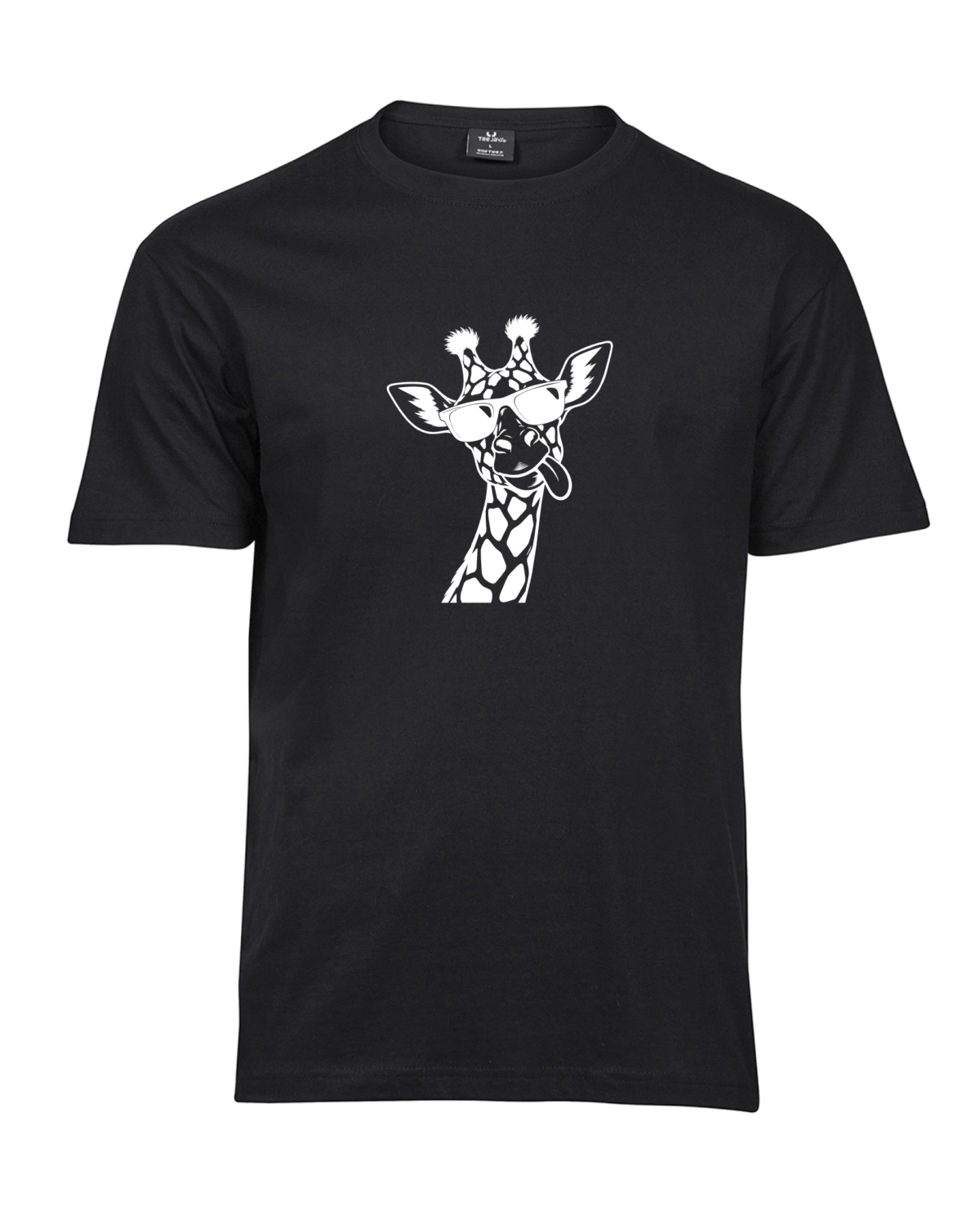 Black Giraffe T-shirt with an illustration of a giraffe wearing sunglasses and sticking its tongue out